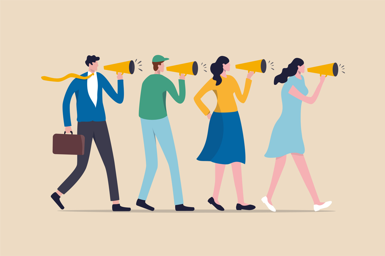 Marketing strategy, word of mouth people tell friend about good product and service, vebally tell story or communication concept, people using megaphone to tell story to their friends. customer stories